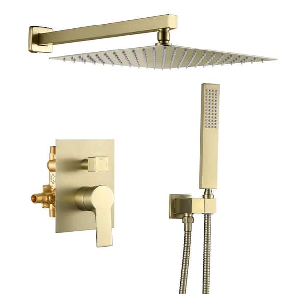 FLG Single-Handle 1-Spray Square Shower Faucet with 12 in. Shower Head and Hand Shower in Brushed Gold (Valve Included)