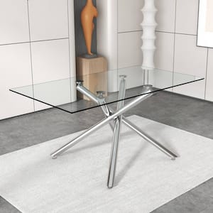 Large Modern Rectangular Clear Glass Dining Table 63 in. Silver Cross Legs Table Base Type Dining Table Seats 6-8