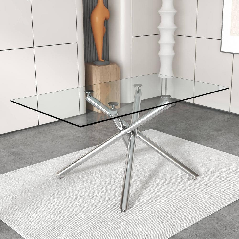 63 Inch Clear Glass Dining Table with Silver Chrome Cross Legs