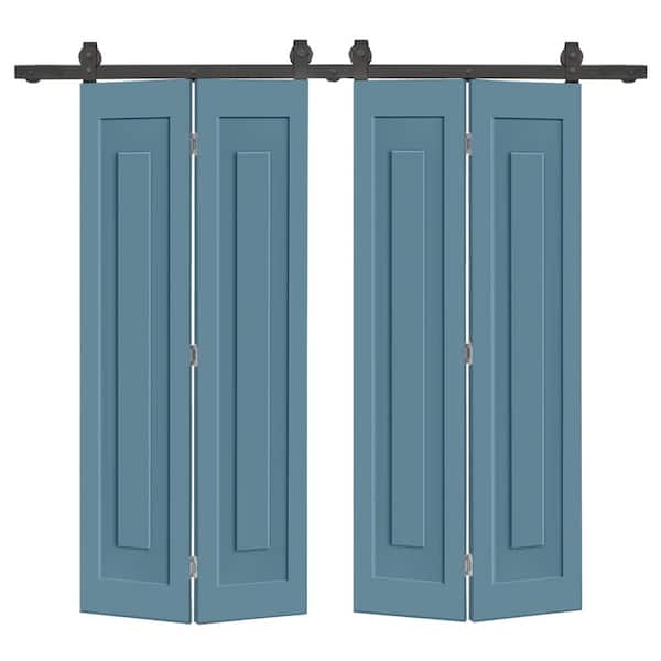 60 in. x 80 in. 1 Panel Shaker Hollow Core Dignity Blue Composite Double Bi-fold Door with Barn Door Hardware Kit