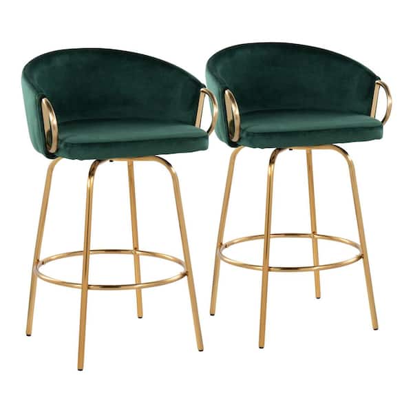 Claire 35.25 in. Green Velvet and Gold Metal Fixed-Height Counter Stool (Set of 2)