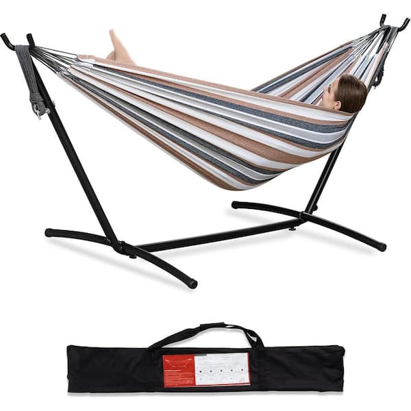 Unbranded 9 ft. 2-Person Heavy Duty Double Hammock with Space Saving Steel Stand, 450 lbs. Capacity and Carrying Bag in Coffee