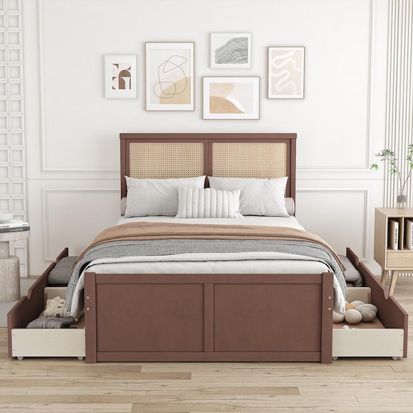Qualler Antique Expresso Brown Wood Frame Full Size Platform Bed with 4 Storage Drawers and Rattan Headboard