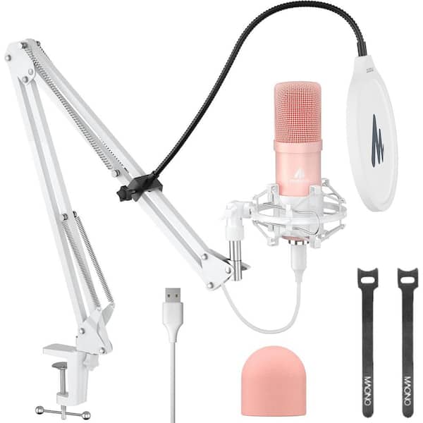 USB Condenser Microphone with White Boom Arm, Professional Sound Chipset for Recording, Gaming, Singing in Pink