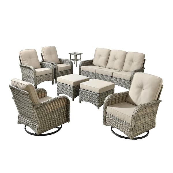 Beverly Gray 8-Piece Wicker Patio Conversation Sofa Swivel Lounge Chairs Set with Ottomans and Beige Cushions