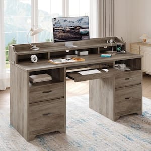 59 in. Grey Computer Desk with Charging Station, 4-Drawers and 2-Open Storage Spaces, with Adjustable Bookshelf