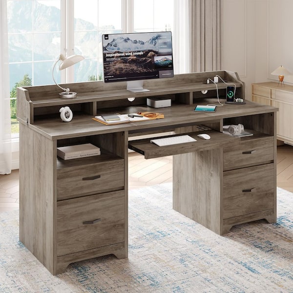 59 in. Grey Computer Desk with Charging Station, 4-Drawers and 2-Open Storage Spaces, with Adjustable Bookshelf