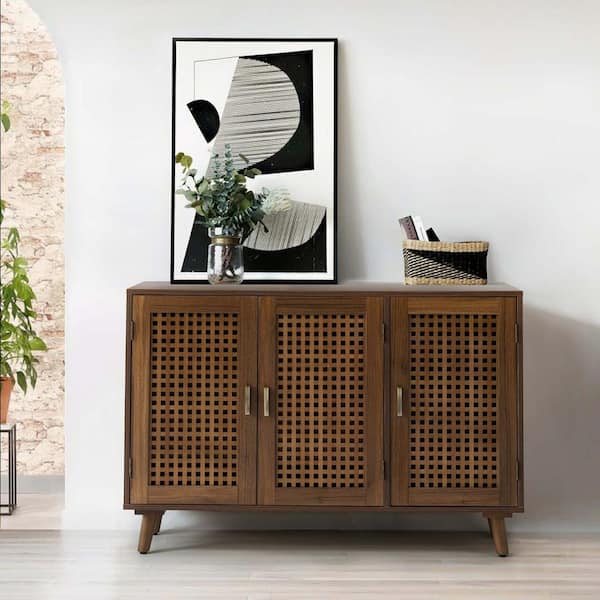 JAYDEN CREATION Eric Espresso 3-Door Accent Cabinet with Beech Wood Lattice Doors