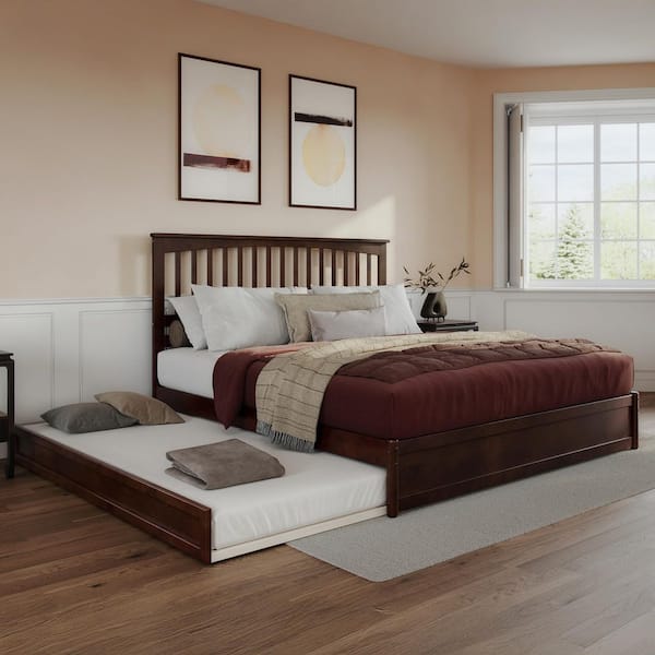 Everett Walnut Brown Solid Wood Frame King Platform Bed with Panel Footboard and Twin XL Trundle