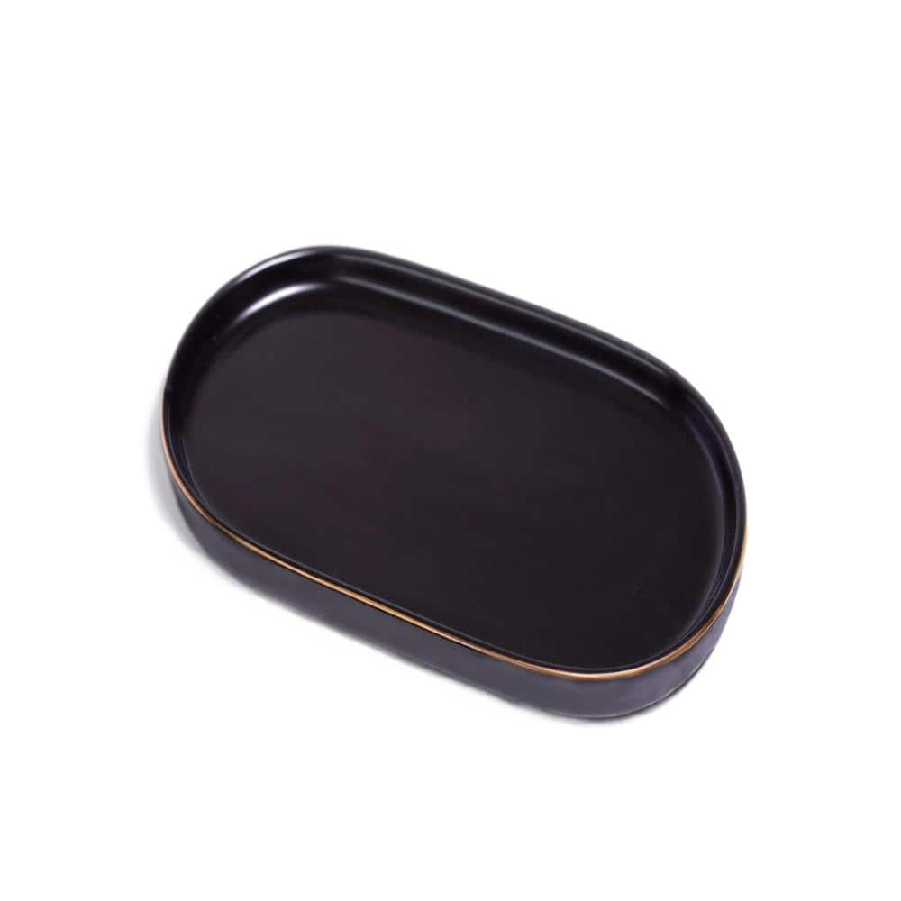 7 x 4 in Ceramic Catch All Tray Black Oval Decorative Vanity Tray