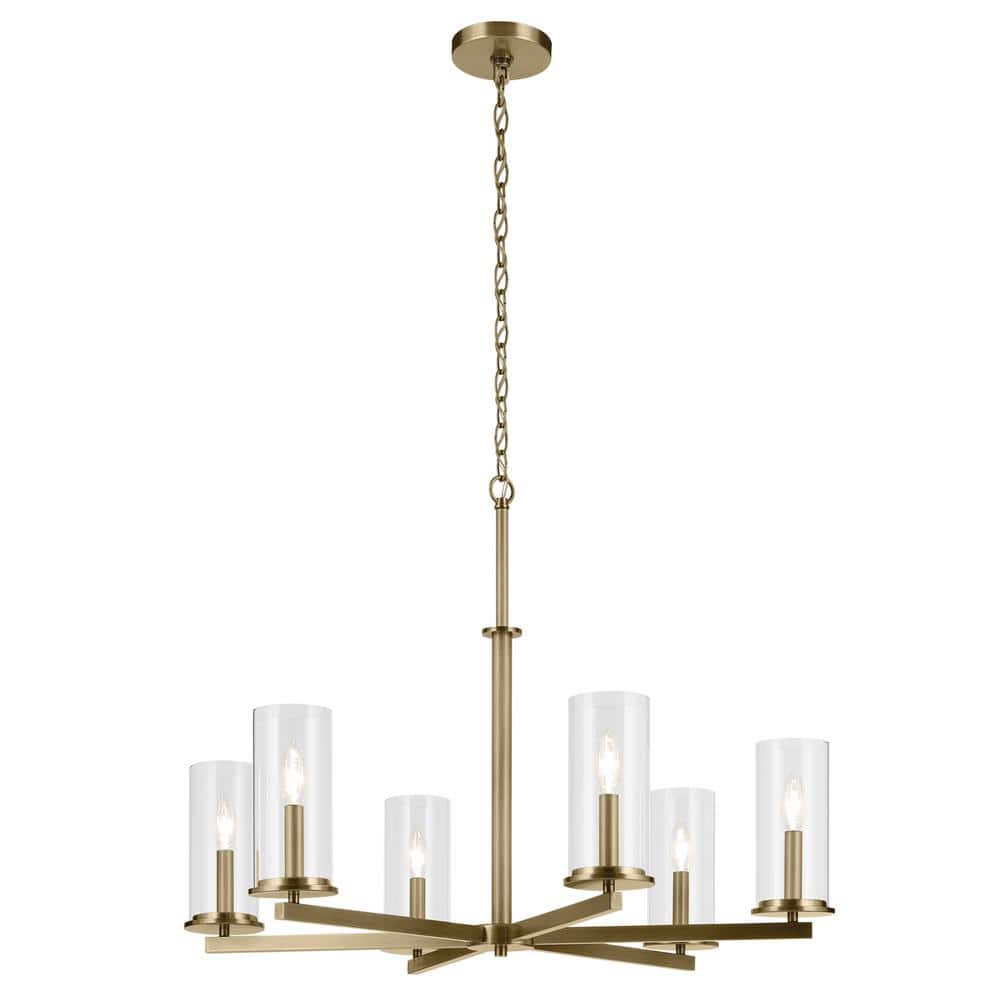 Natural Brass 6-Light Chandelier with Clear Glass Shades