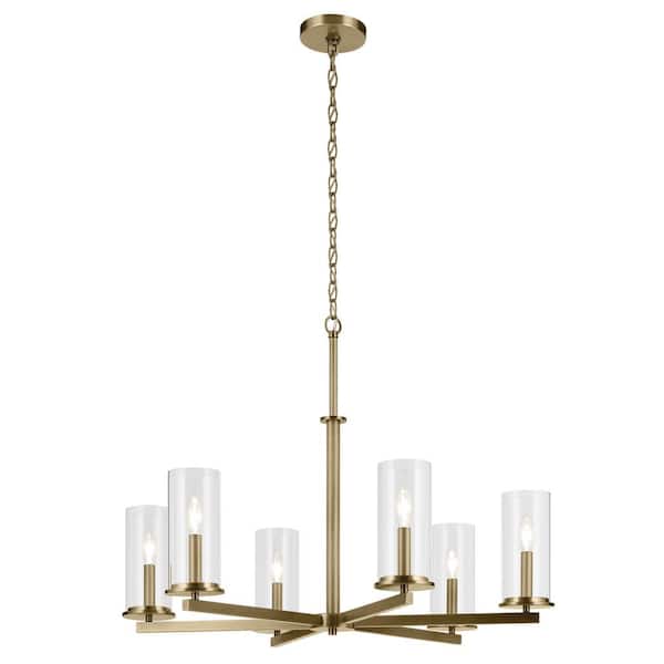 KICHLER Crosby 32.25 in. 6-Light Natural Brass Contemporary Candlestick Cylinder Chandelier for Dining Room
