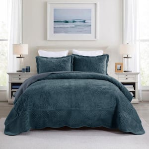 BYV306 Dark Teal Leaf and Vines Queen Size Polyester Velvet Quilt Bedspread Set