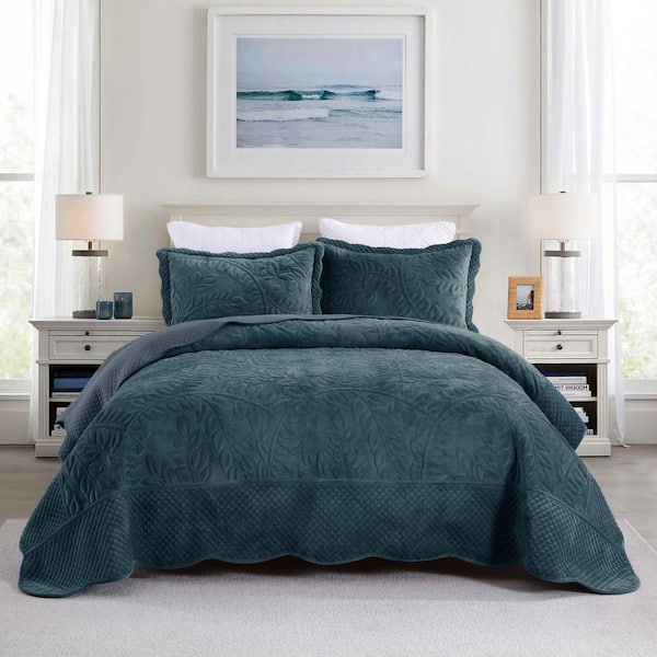 MarCielo BYV306 Dark Teal Leaf and Vines Queen Size Polyester Velvet Quilt Bedspread Set
