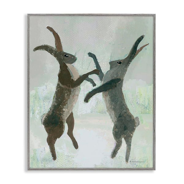 Stupell Industries Boxing Hares Impression by Kay Widdowson Gray Framed Animal Giclee Art Print 14 in. x 11 in.