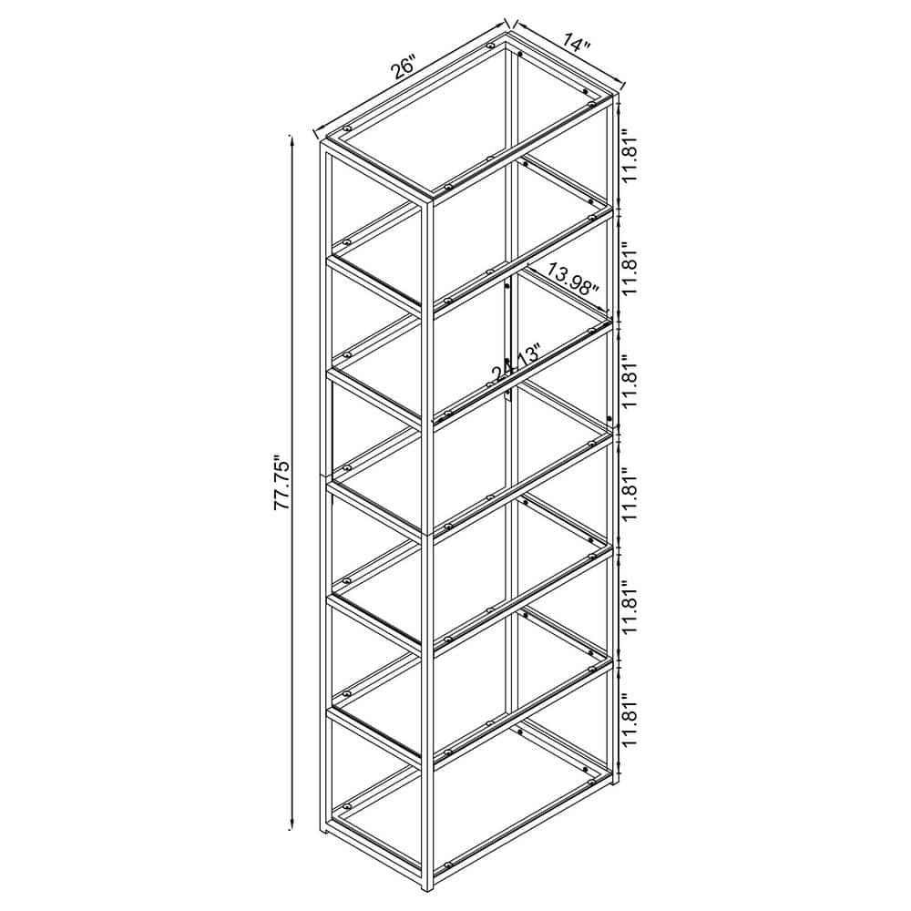 Elegant Black Nickel 6-Tier Bookcase with Tempered Glass Shelves