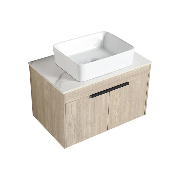 29.50 in. W x 18.90 in. D x 23.60 in. H Floating Wall-Mounted Bath Vanity in White Oak with White Ceramic Top