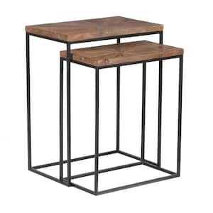 End Table with Storage – Set of 2 Round Nesting Tables with Diamond Pattern  Wire Basket Wood Tops, Industrial Farmhouse Side Table by Lavish Home