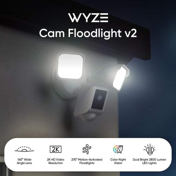 Wired Outdoor Wi-Fi Floodlight v2 Home Security Camera with 2K Video, Color Night Vision, Motion Activated LEDs - White