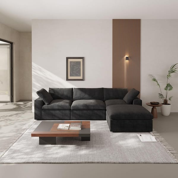 J&E Home 120.31 in. Square Arm Linen 4-Piece L Shaped Free Combination 4-Seater Sectional Sofa with Ottoman in. Black