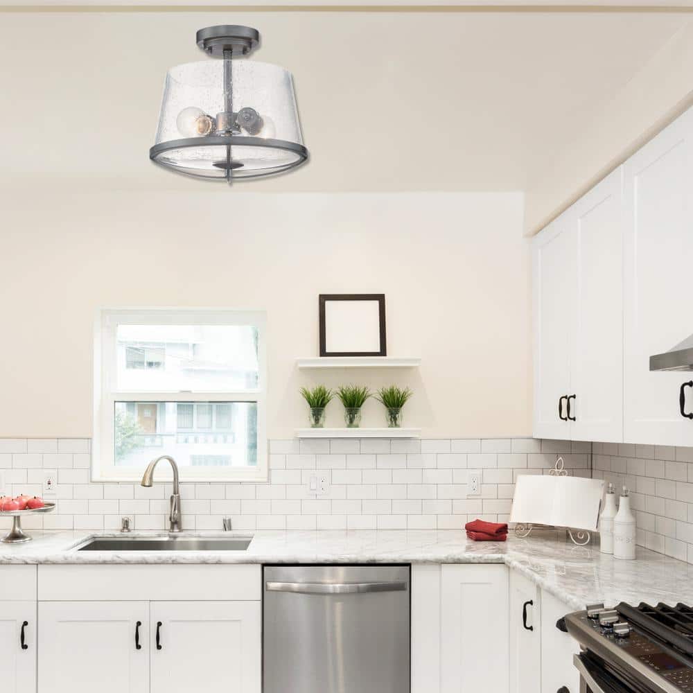 Weathered Iron and Clear Seedy Glass Semi-Flush Mount Ceiling Light