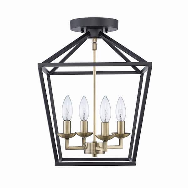 Home Decorators Collection Weyburn 16.5 in. 4-Light Black and Gold Farmhouse Semi-Flush Mount Ceiling Light Fixture with Caged Metal Shade