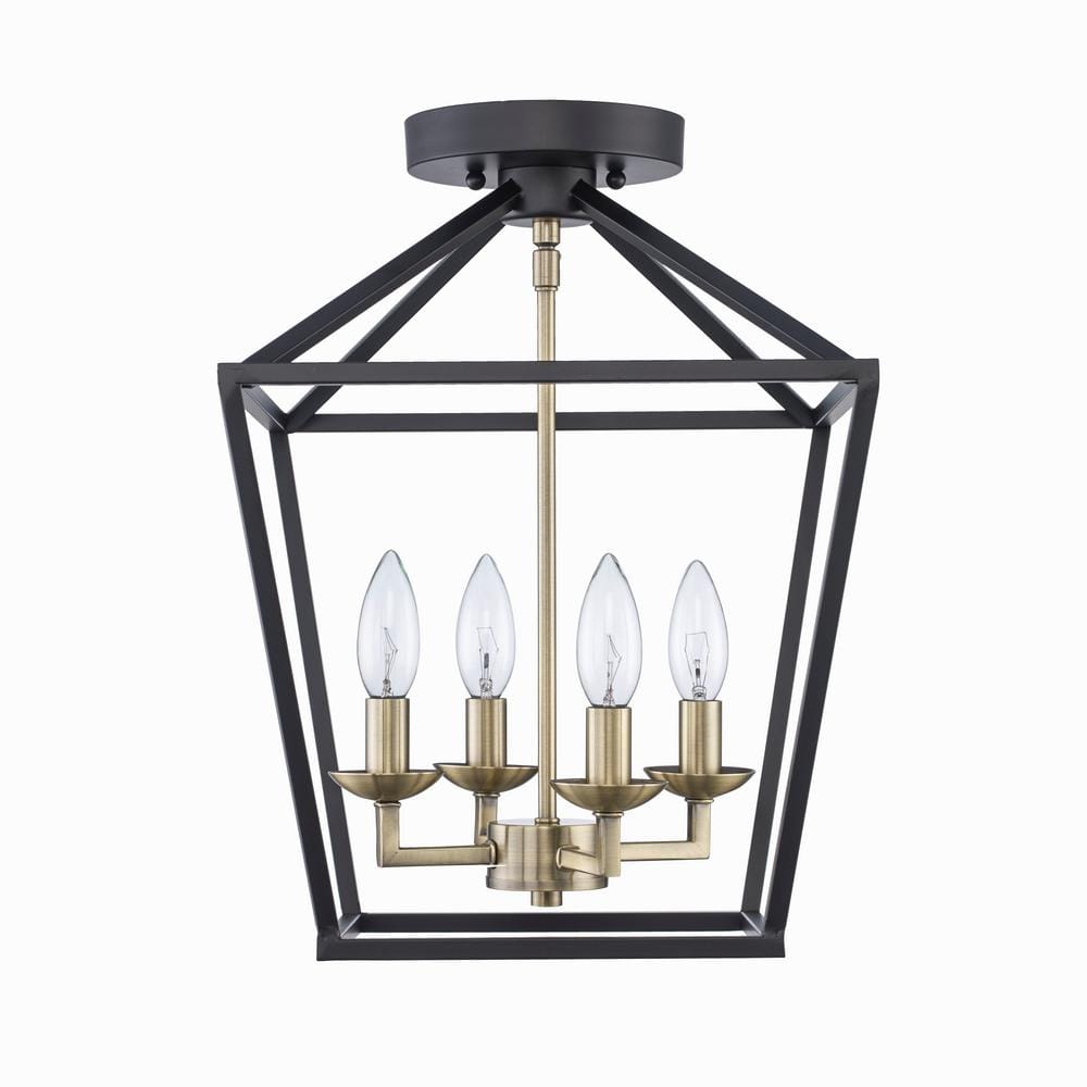 Home Decorators Collection Weyburn 16.5 in. 4-Light Black and Gold Lantern Semi-Flush Mount, Farmhouse Ceiling Light