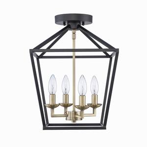 Weyburn 16.5 in. 4-Light Black and Gold Lantern Farmhouse Semi-Flush Mount Kitchen Ceiling Light Fixture