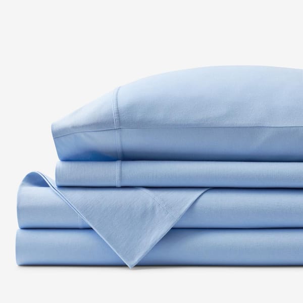 The Company Store Company Cotton 4-Piece Cloud Blue Solid Cotton Jersey Knit Queen Sheet Set