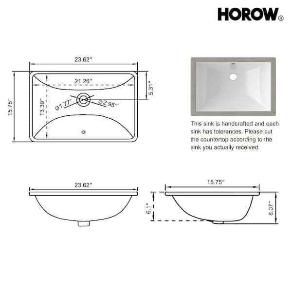 HOROW 23-5/8 in. Rectangular Glazed Ceramic Undermount Bathroom Vanity Sink in White with Overflow Drain