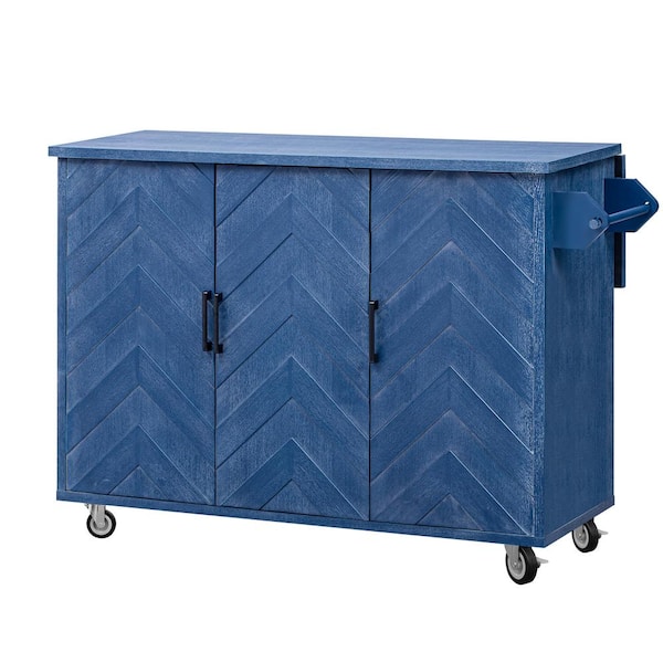 OLUMAT Navy Blue Wood 51.2 in. Wave Stripes Design Farmhouse Kitchen Island with Drop Leaf and Three Doors
