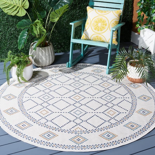 Courtyard Ivory/Navy Yellow 7 ft. x 7 ft. Geometric Modern Indoor/Outdoor Round Area Rug