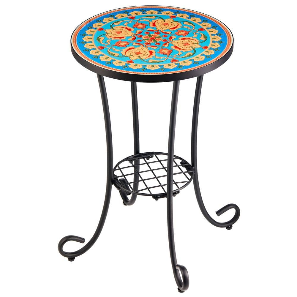 Merra Metal Outdoor Side Table with Ceramic Tile Top and Display Shelf ...