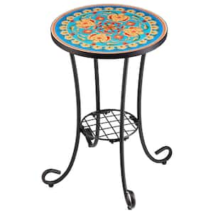 Metal Outdoor Side Table with Ceramic Tile Top and Display Shelf, Faberge