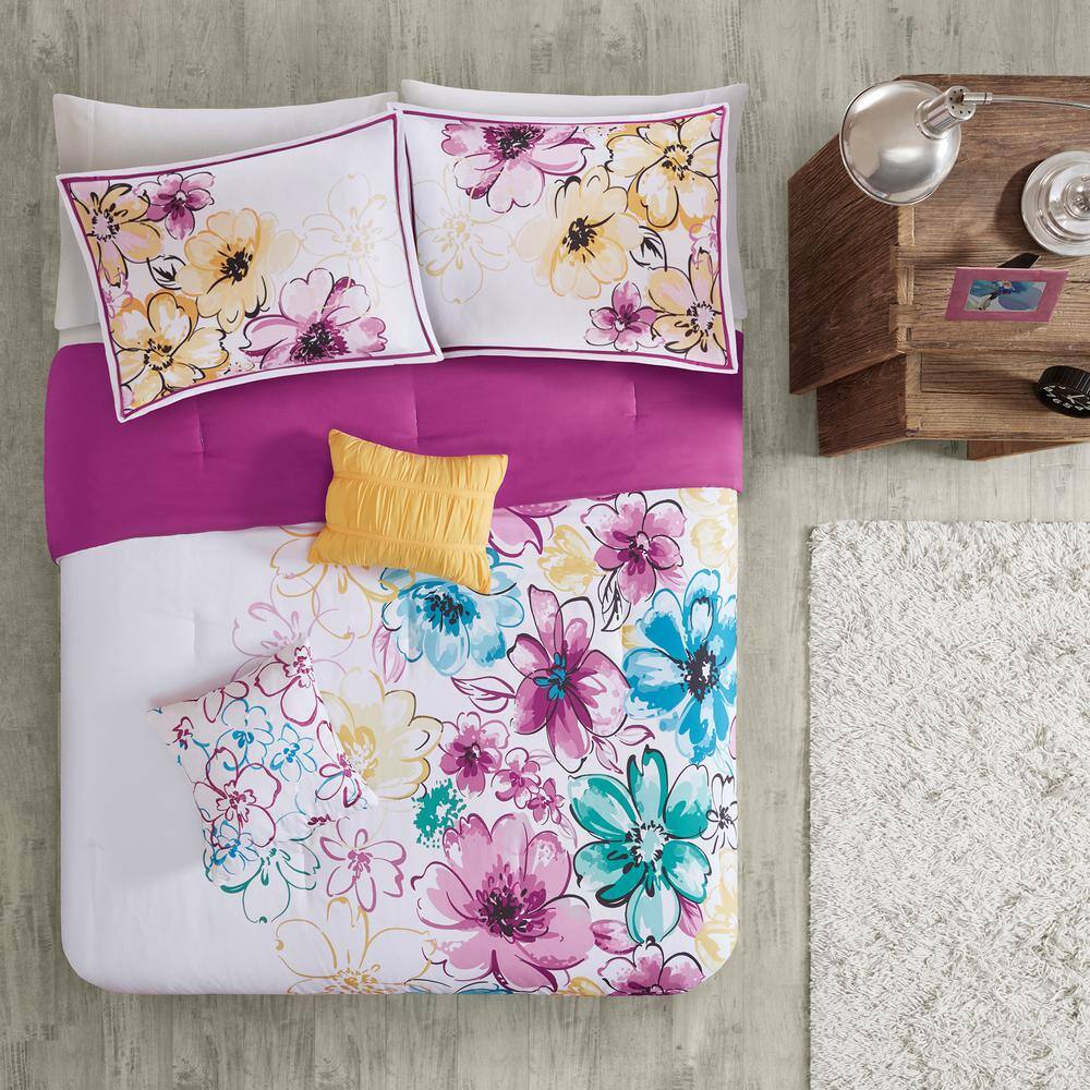 Full Blue Microfiber Down Alternative Floral Comforter Set