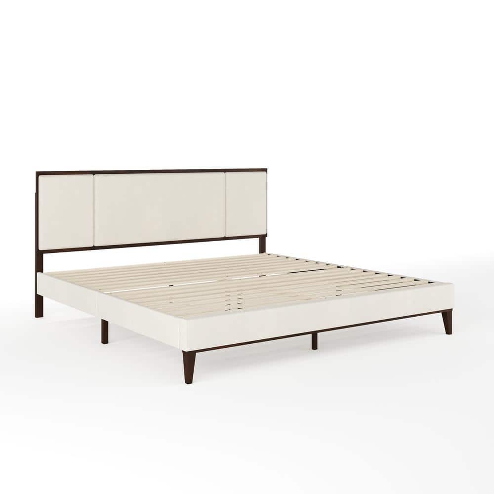 King Dark Brown Upholstered Wood Frame Platform Bed with Headboard