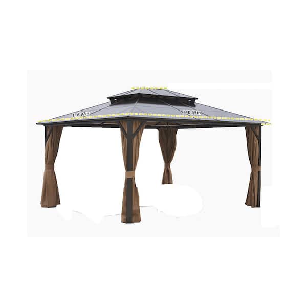 10 ft. x 12 ft. Outdoor Patio Gazebo Hardtop Roof Canopy with Net, Curtains-Aluminum Frame Roof in Brown
