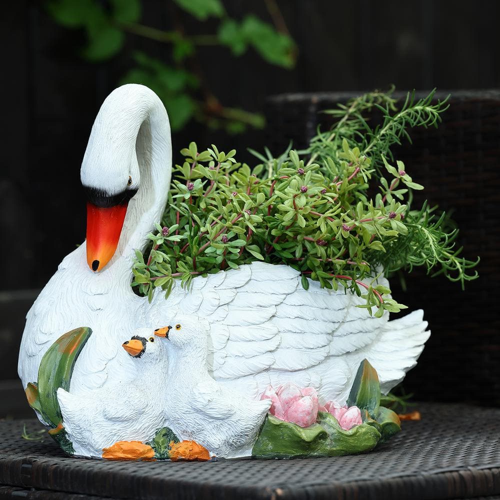 White Resin Swan Family Planter with Multicolor Accents