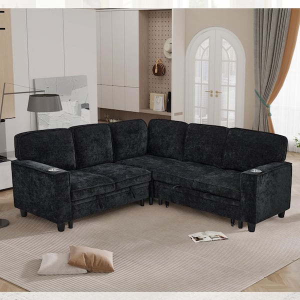 Corvian Modern 81 in. Square Arm Chenille Upholstered L-Shape Sectional Sofa Bed in Charcoal Grey with Storage, USB Port