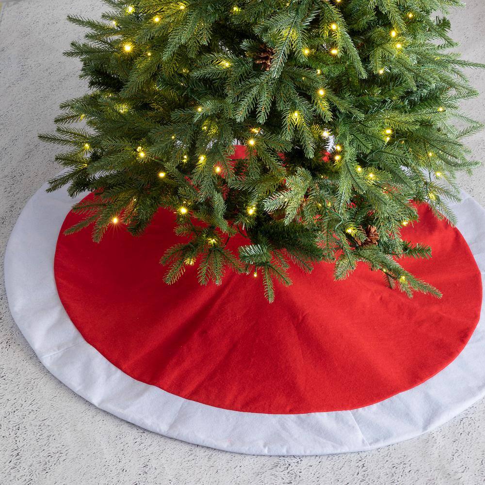 48" Red and White Felt Christmas Tree Skirt with Trim Embellishment