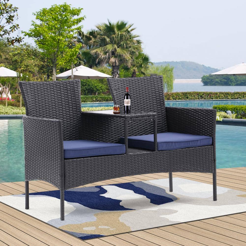Double All Weather PE Wicker Outdoor Patio Couch with Built-in Tempered Gla