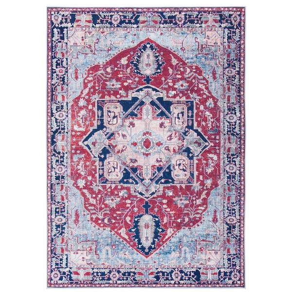 SAFAVIEH Tuscon Red/Navy 4 ft. x 6 ft. Machine Washable Border Floral Medallion Area Rug