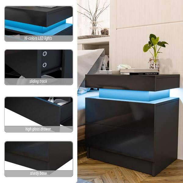 WOODYHOME 2-Drawer Black LED Nightstand 20.5 in. H x 17.7 in. W x