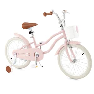 18 in. Kids Bike Children's Training Bicycle with Removable Training Wheels and Basket Pink