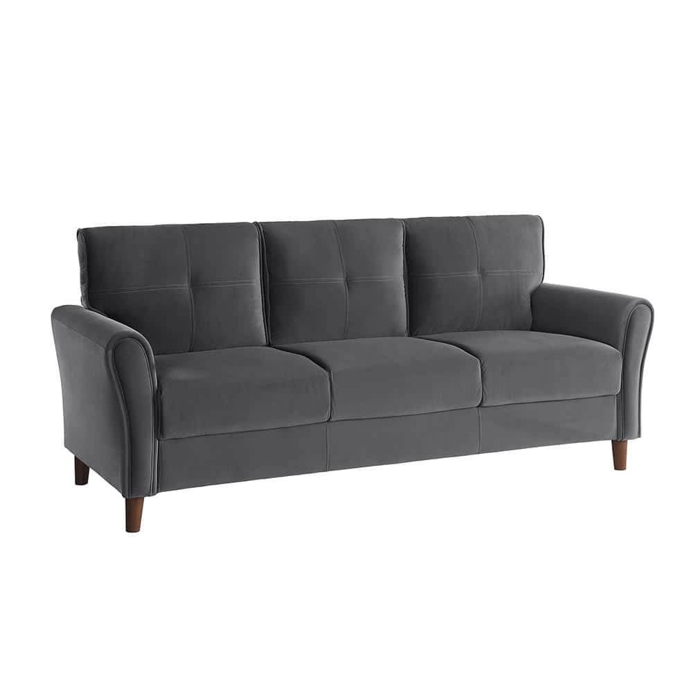 Gray Velvet Tufted Sofa with Walnut Wood Legs