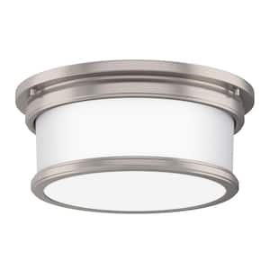 Summerlake 12.5 in. 2-Light Brushed Nickel Drum Flush Mount with Frosted Glass Shade and No Bulbs Included (1-Pack)