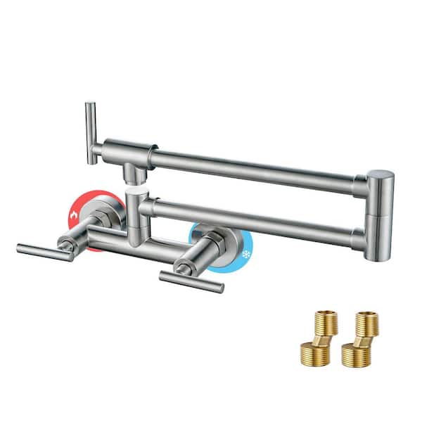 Wall Mounted Folding Pot Filler 3-Handles Kitchen Faucet with 360° Spout Swivel in Brushed Nickel
