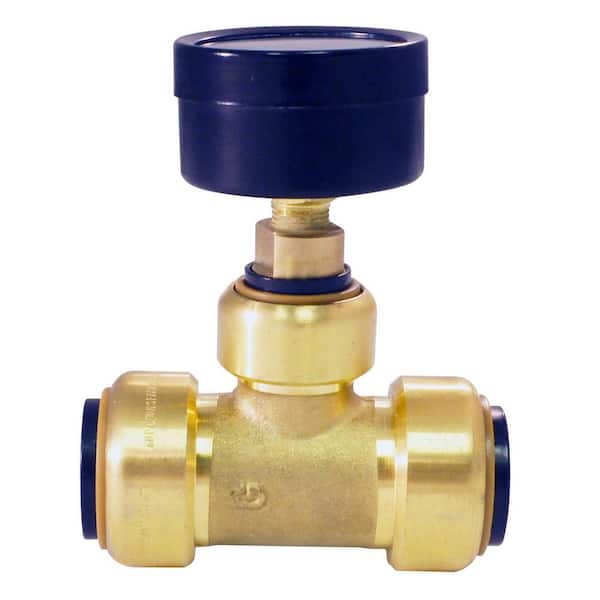 Tectite 3/4 in. x 3/4 in. x 1/2 in. Brass Push-To-Connect Tee with Pressure Gauge (0 to 200 psi)