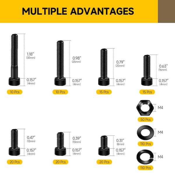 380-Piece M4 Metric Hex Socket Head Cap Screw and Bolt Kit with Nuts and Washers, Grade 12.9