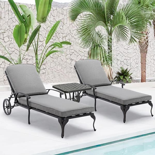 HOMEFUN Antique Bronze 3-Piece Aluminum Adjustable Reclining Outdoor Chaise Lounge with Gray Cushions